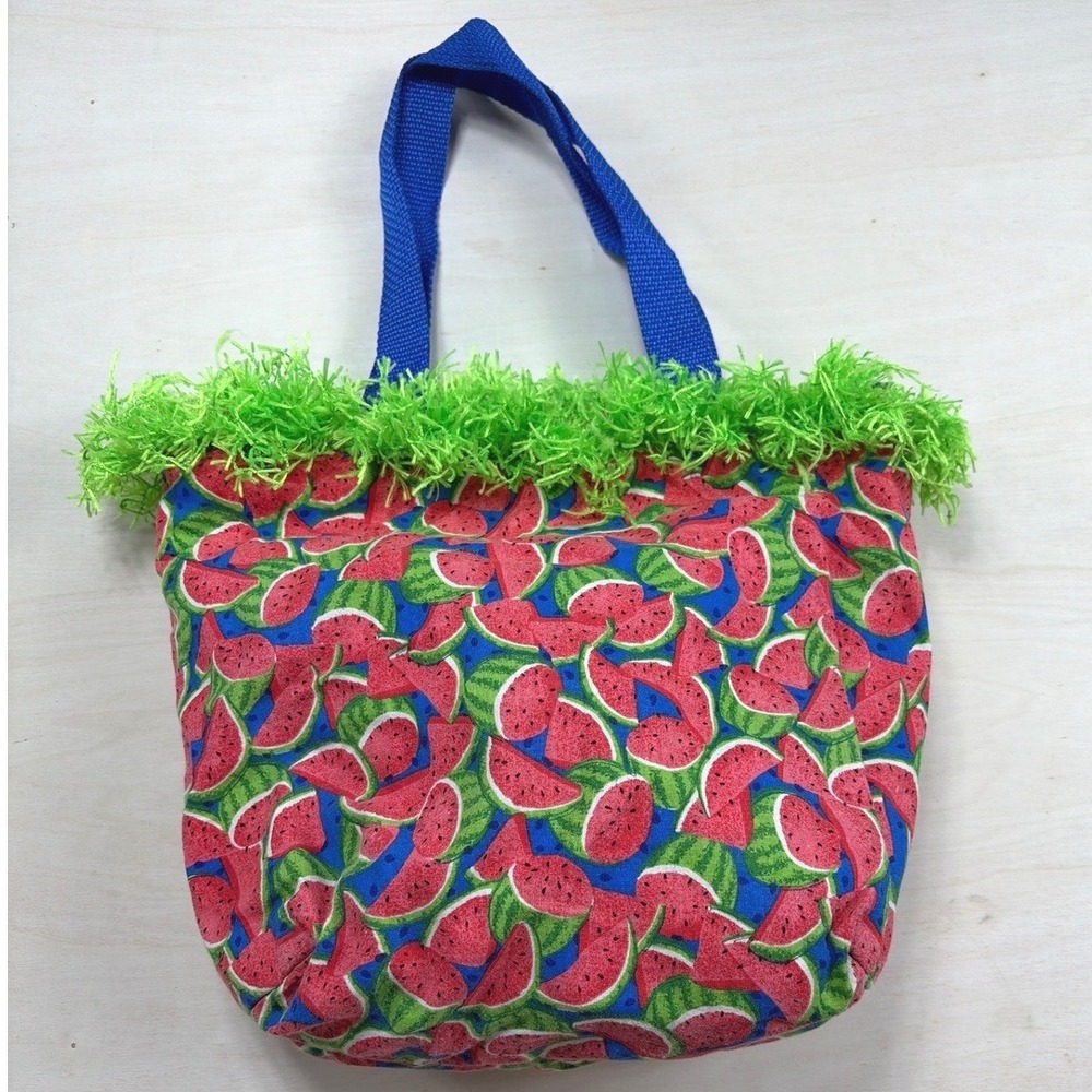 Handmade Watermelon Print Tote Bag Blue Green Fringed Summer Beach Bag Small